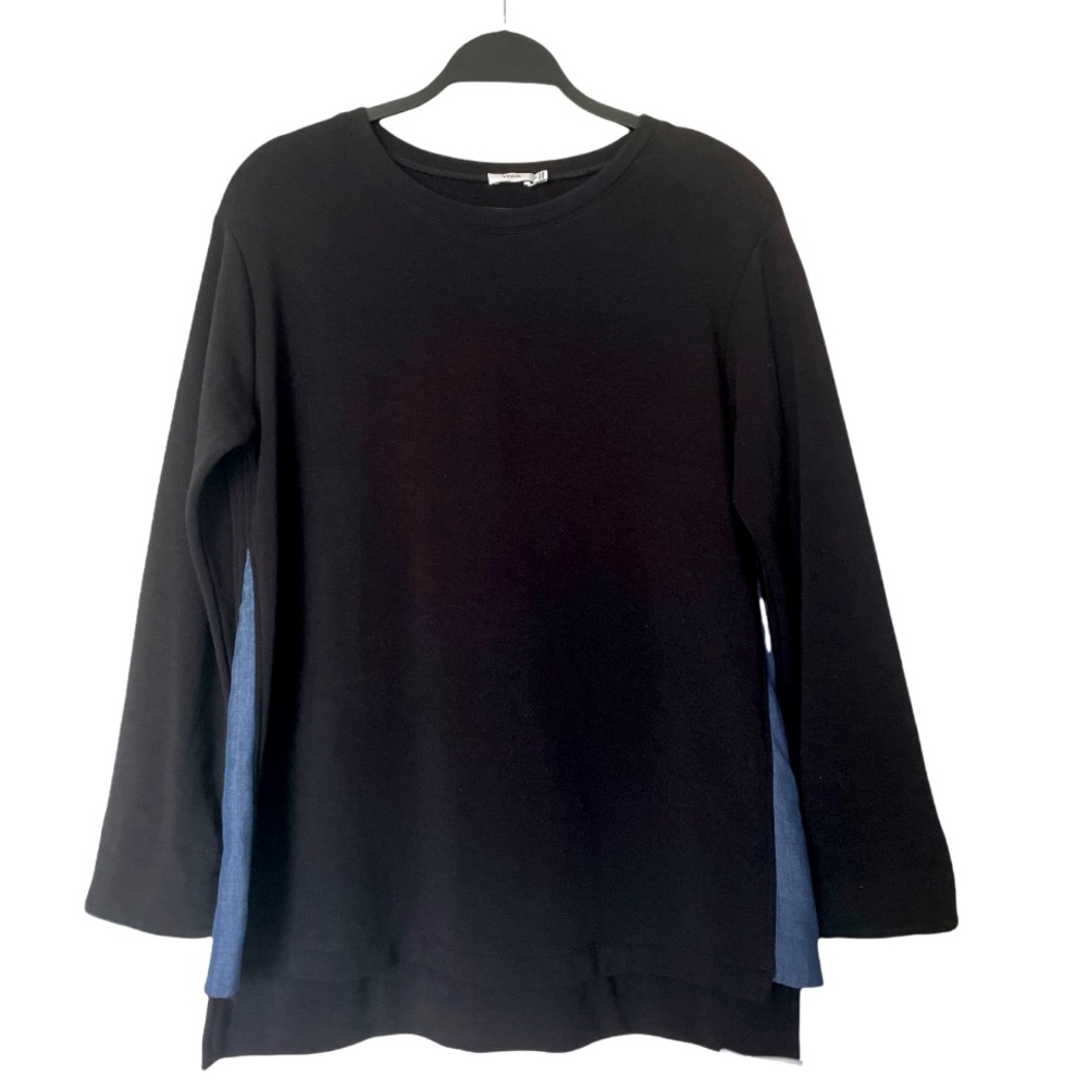 Vince Knit Long Sleeved Black Crew Neck Top Sweatshirt Blue Side Accents Size XS